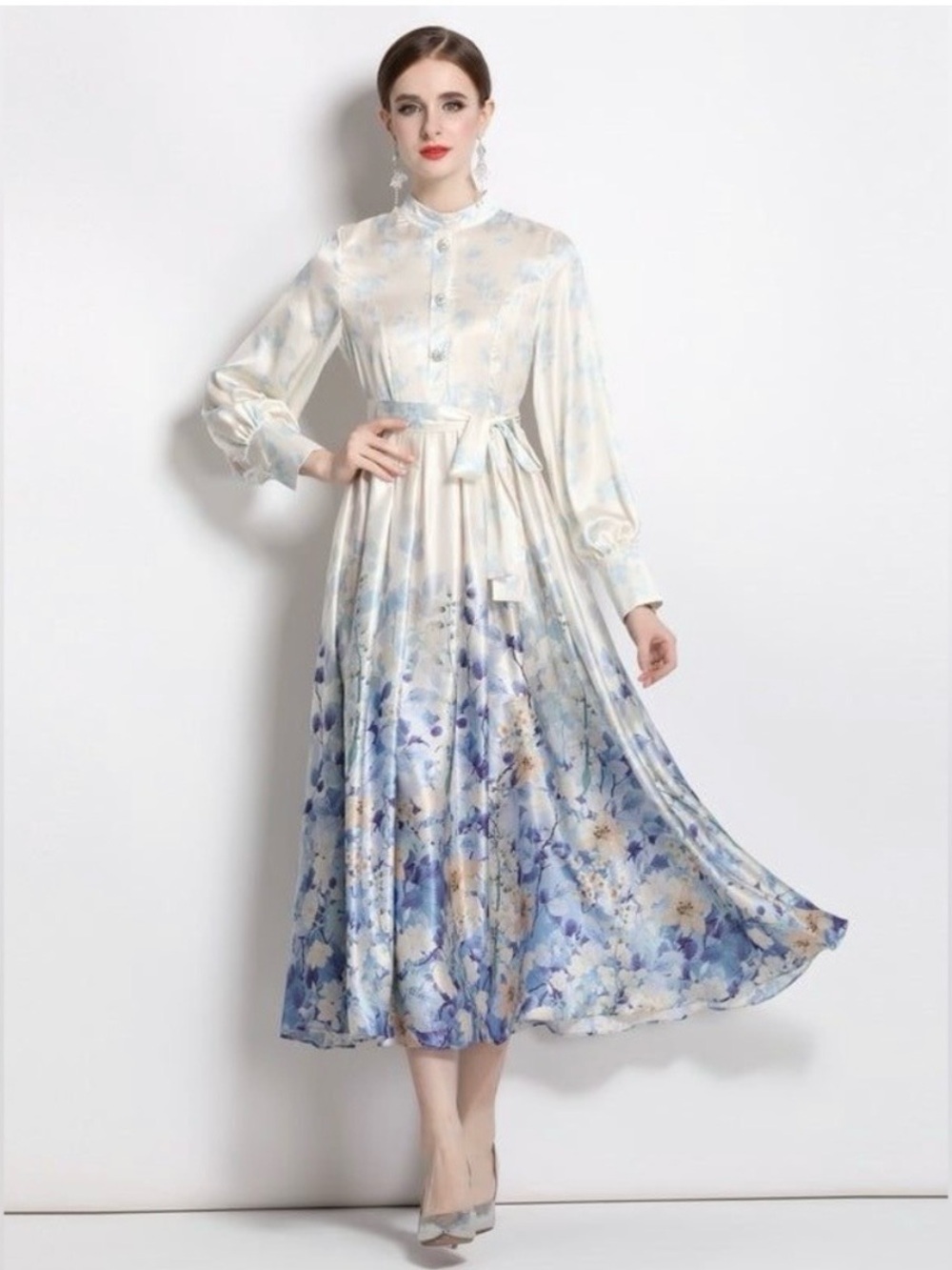 Kaimilan Blue Floral Printed Long Sleeve Dress